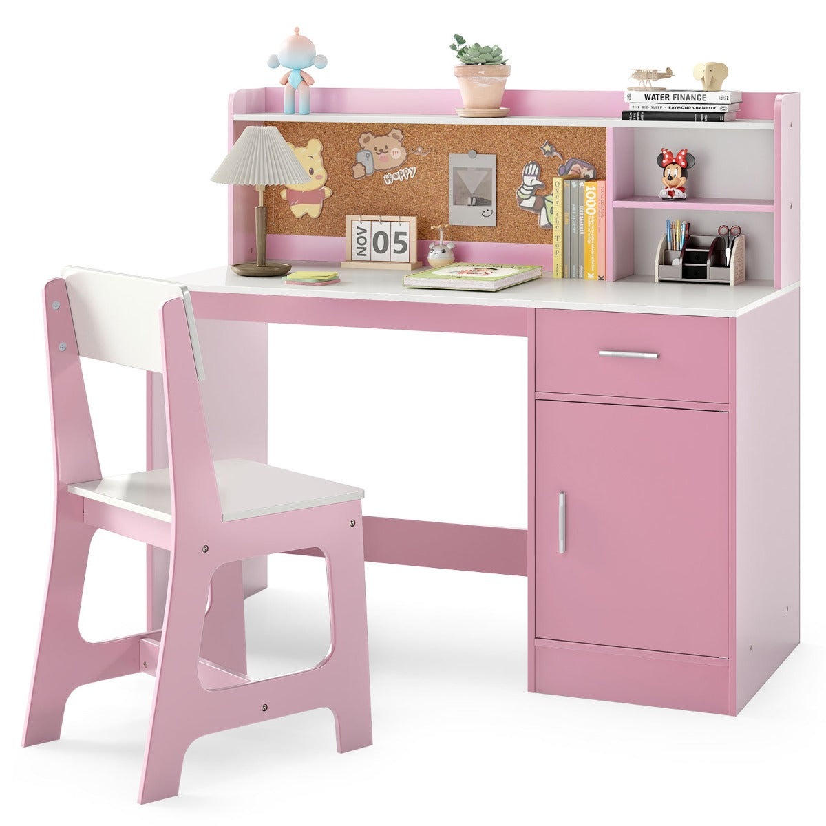 LIVSK Kinderschrijftafelset met Stoel - Veel Opbergruimte - Creatief Prikbord - Ergonomische Rugleuning - Voor Kinderen - Roze