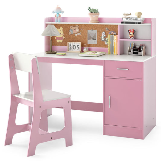 LIVSK Kinderschrijftafelset met Stoel - Veel Opbergruimte - Creatief Prikbord - Ergonomische Rugleuning - Voor Kinderen - Roze
