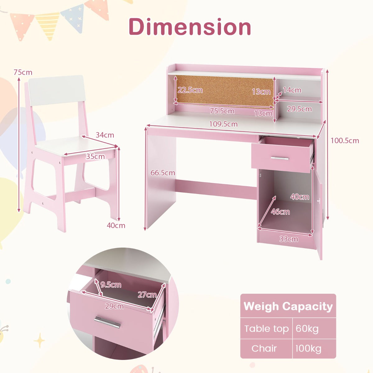 LIVSK Kinderschrijftafelset met Stoel - Veel Opbergruimte - Creatief Prikbord - Ergonomische Rugleuning - Voor Kinderen - Roze