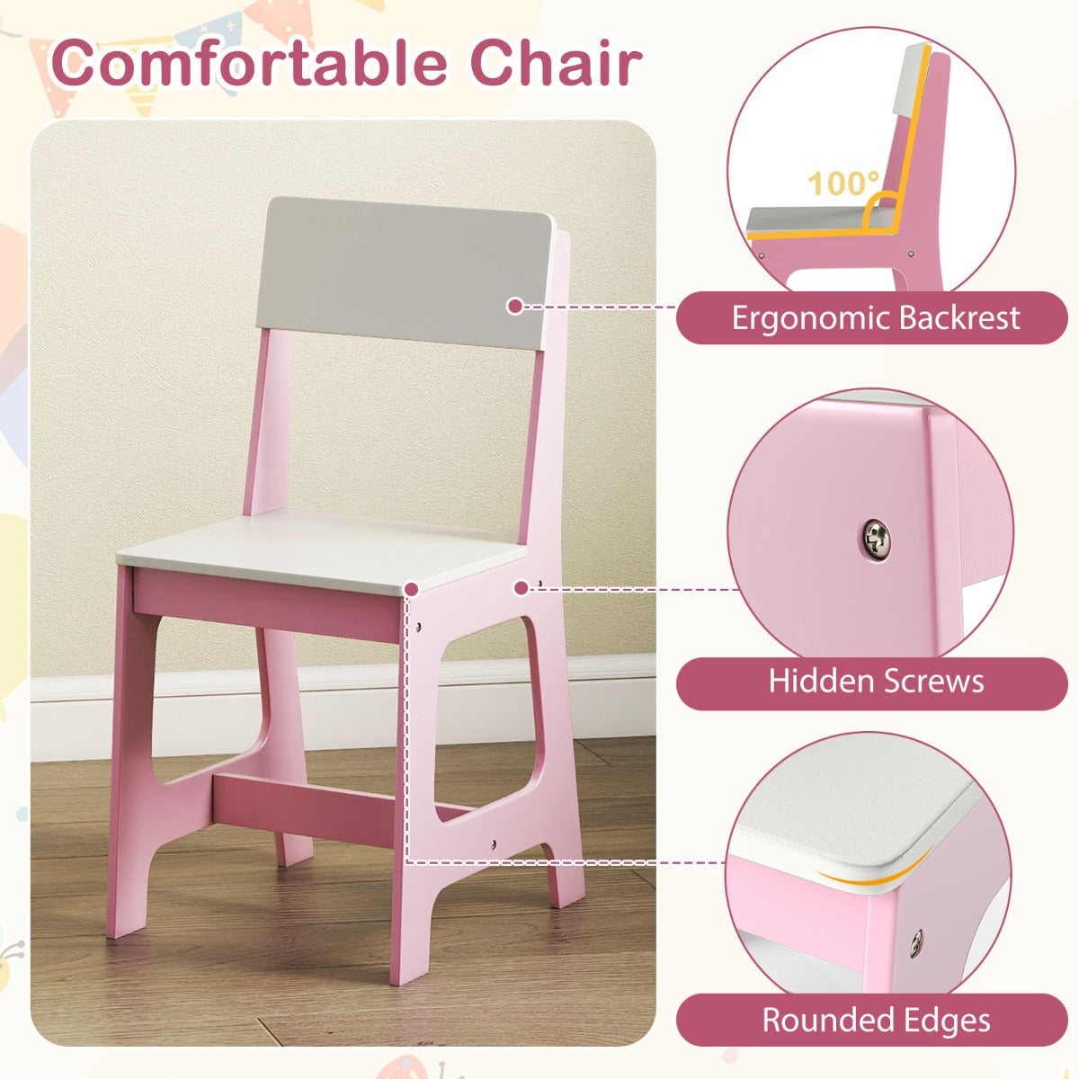 LIVSK Kinderschrijftafelset met Stoel - Veel Opbergruimte - Creatief Prikbord - Ergonomische Rugleuning - Voor Kinderen - Roze