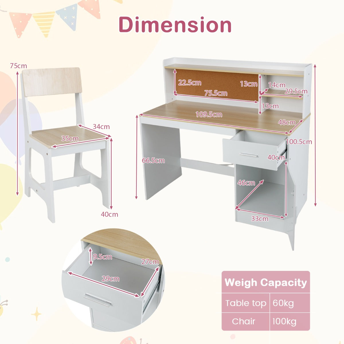 Livsk costway kindertafel stoel set kinderbureau van hout met planken lade natuur 2