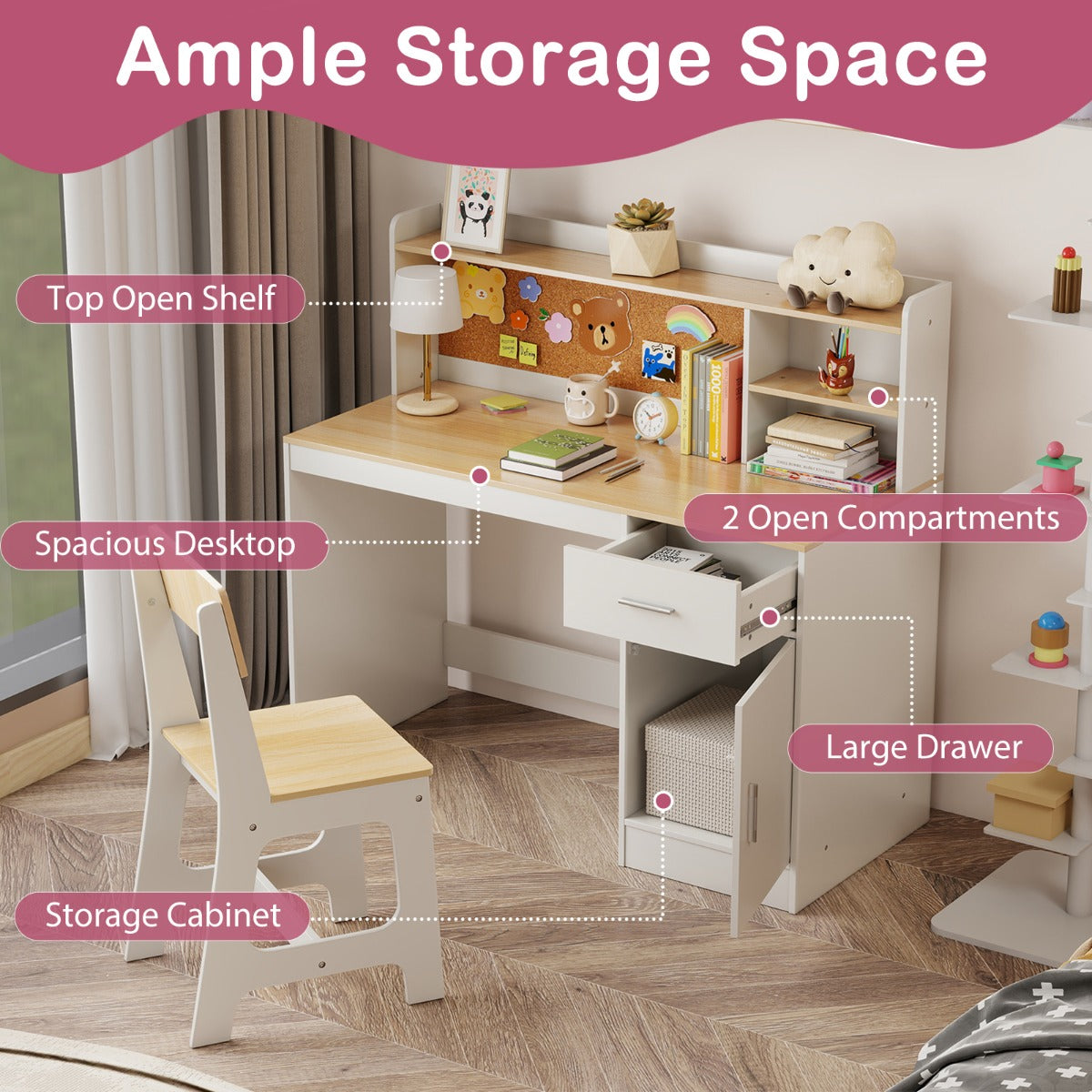 Livsk costway kindertafel stoel set kinderbureau van hout met planken lade natuur 3