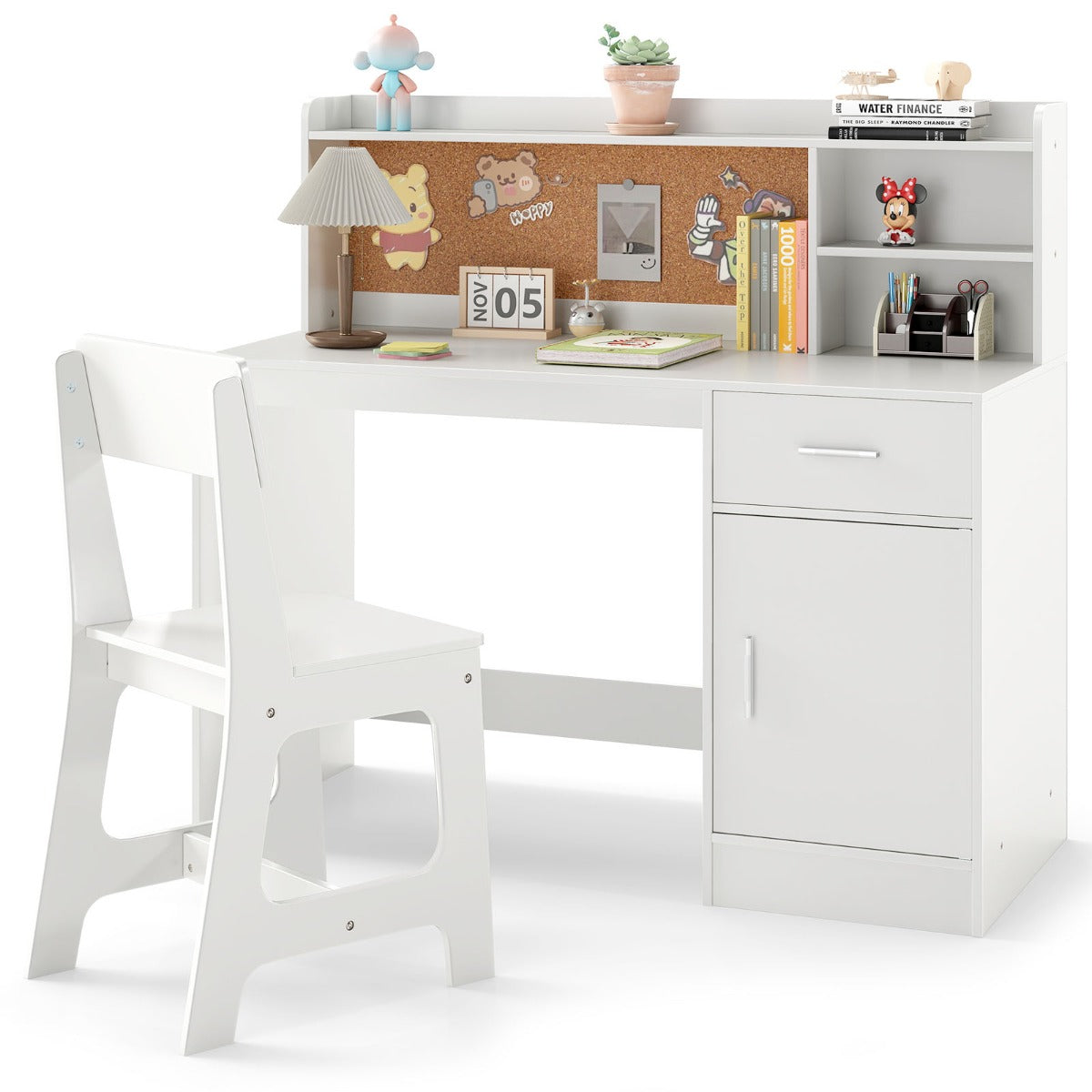 LIVSK Kinderschrijftafelset - Met Opbergplanken en Prikbord - Ergonomische Stoel - Voor Leren en Spelen - Wit