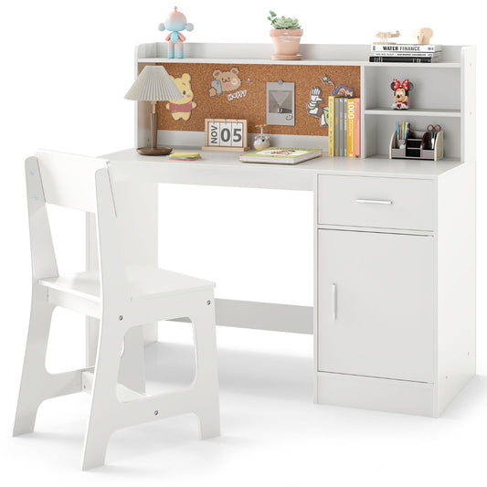 LIVSK Kinderschrijftafelset - Met Opbergplanken en Prikbord - Ergonomische Stoel - Voor Leren en Spelen - Wit