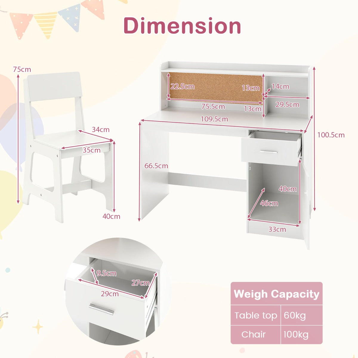 LIVSK Kinderschrijftafelset - Met Opbergplanken en Prikbord - Ergonomische Stoel - Voor Leren en Spelen - Wit