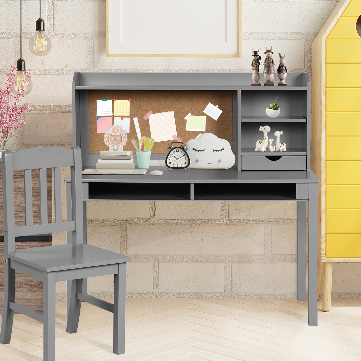 LIVSK Kinderschrijftafel met Prikbord en Stoel - Ruime Opbergruimte - Duurzaam MDF - Tot 80 kg - Voor Kinderen 5-12 jaar - Grijs