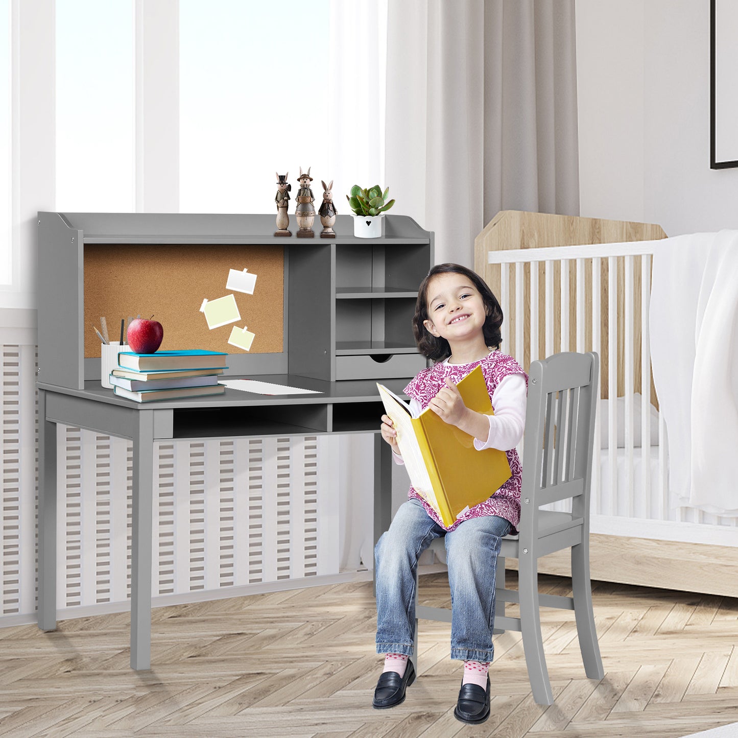 LIVSK Kinderschrijftafel met Prikbord en Stoel - Ruime Opbergruimte - Duurzaam MDF - Tot 80 kg - Voor Kinderen 5-12 jaar - Grijs