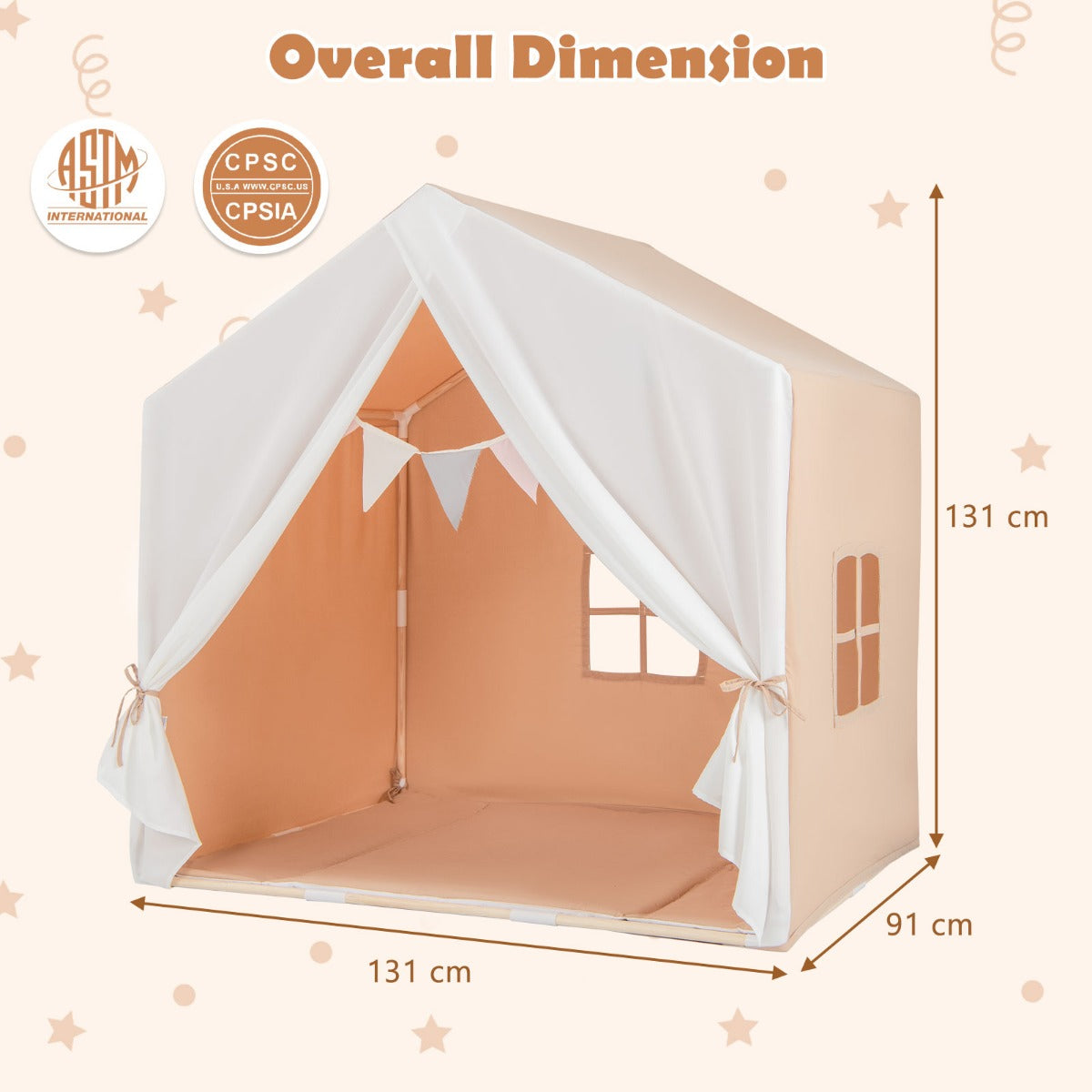 LIVSK Speeltent voor Kinderen - Ruimte voor 3 Kinderen - Huidvriendelijke Wasbare Mat - Massief Houten Frame - Lichtbruin