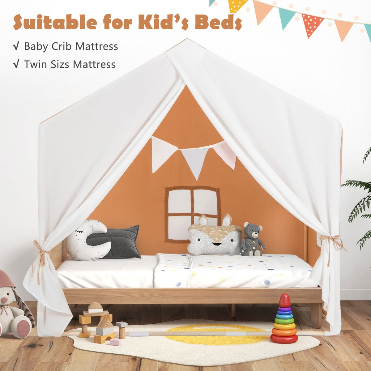 LIVSK Speeltent voor Kinderen - Ruimte voor 3 Kinderen - Huidvriendelijke Wasbare Mat - Massief Houten Frame - Lichtbruin