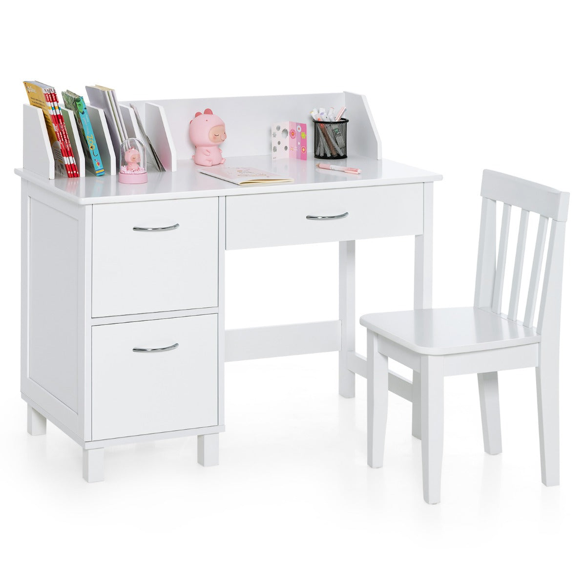 LIVSK Kinderschrijftafel- en Stoelset - Ruim Tafelblad met Opbergruimte - Ergonomisch en Veilig - Voor Kinderen 3+ - Wit