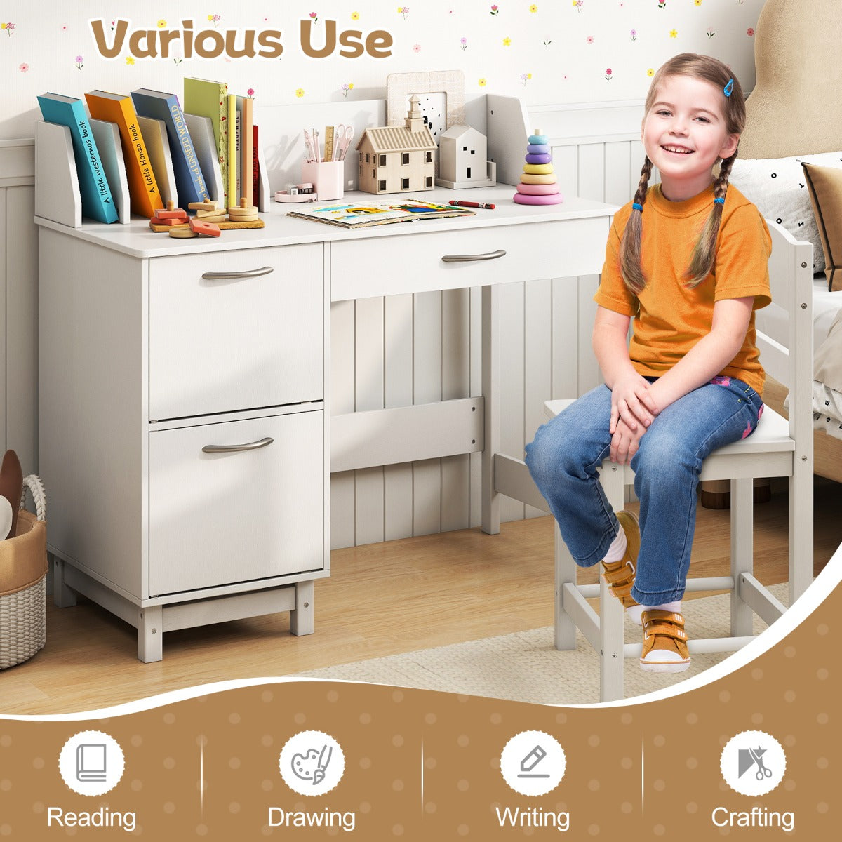 LIVSK Kinderschrijftafel- en Stoelset - Ruim Tafelblad met Opbergruimte - Ergonomisch en Veilig - Voor Kinderen 3+ - Wit