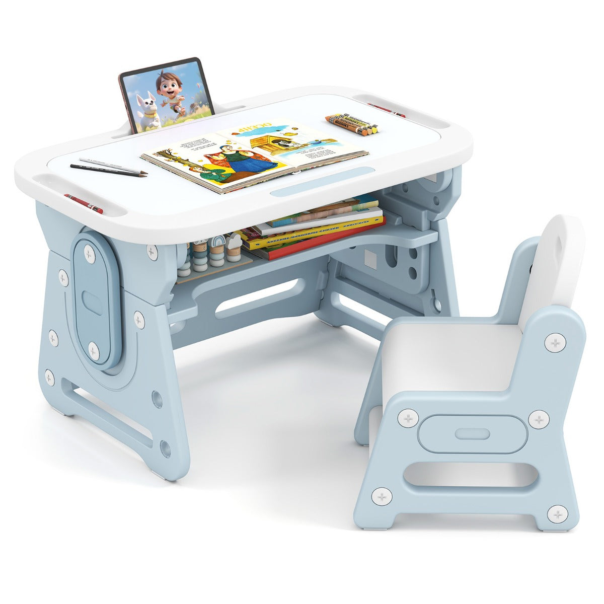 LIVSK Kindertafel en Stoelset - Verstelbaar Whiteboard - Ergonomisch Design - Voldoende Opbergruimte - Blauw