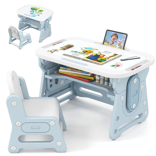 LIVSK Kindertafel en Stoelset - Verstelbaar Whiteboard - Ergonomisch Design - Voldoende Opbergruimte - Blauw