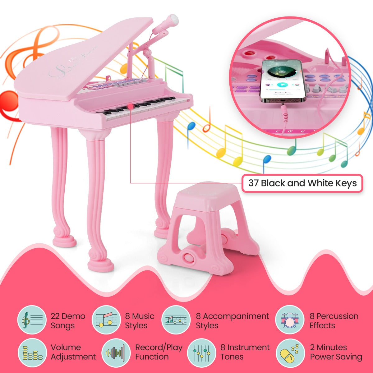 LIVSK Multifunctioneel Pianotoetsenbord Speelgoedpiano - 37 Toetsen - 8 Muziekstijlen - Led-Leer-Modus - Inclusief Microfoon -