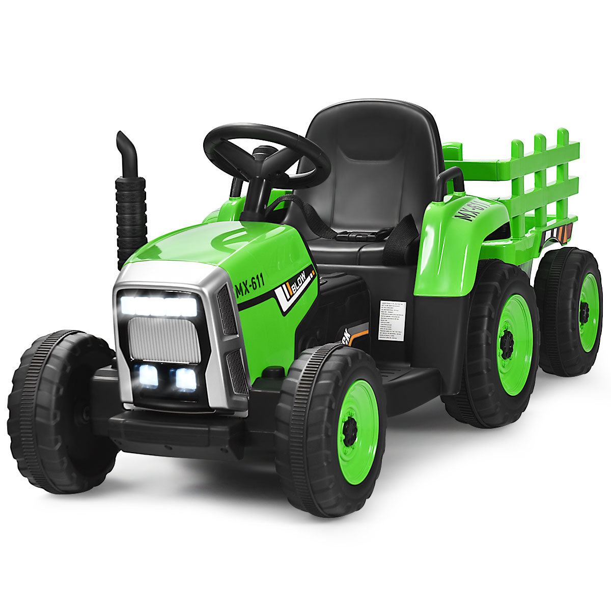LIVSK Zittractor met Aanhanger - 2.4G Afstandsbediening - Veiligheidsgordel - LED-verlichting - Tot 30 kg - Groen