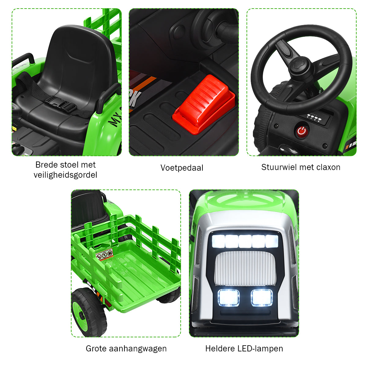 LIVSK Zittractor met Aanhanger - 2.4G Afstandsbediening - Veiligheidsgordel - LED-verlichting - Tot 30 kg - Groen