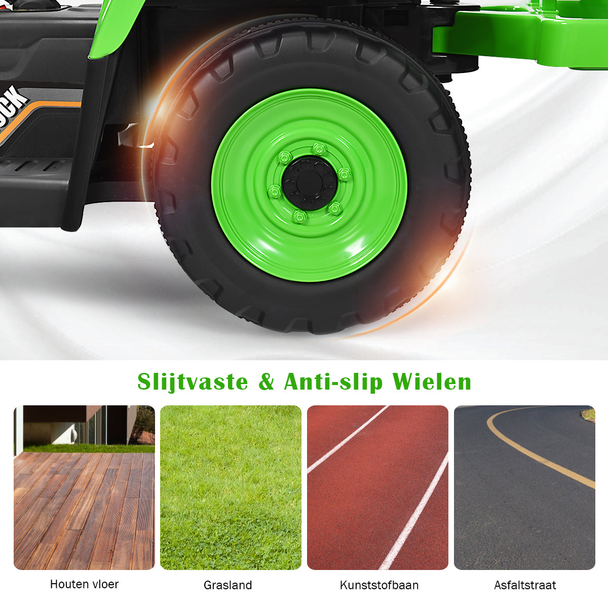 LIVSK Zittractor met Aanhanger - 2.4G Afstandsbediening - Veiligheidsgordel - LED-verlichting - Tot 30 kg - Groen