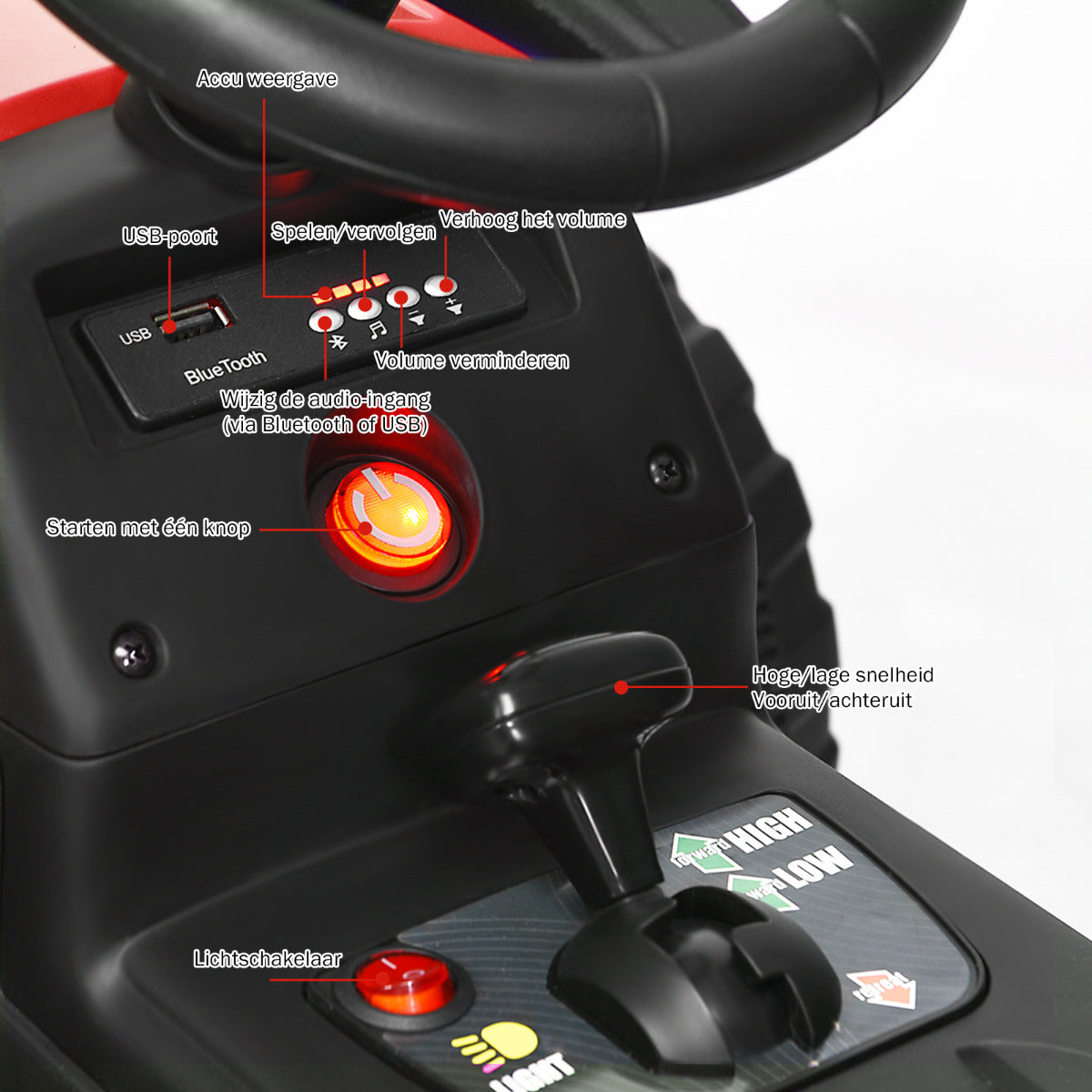 LIVSK Elektrische Trekker met Aanhanger - 3 Versnellingen - Veiligheidsgordel - Bluetooth - Voor Kinderen vanaf 3 jaar - Rood
