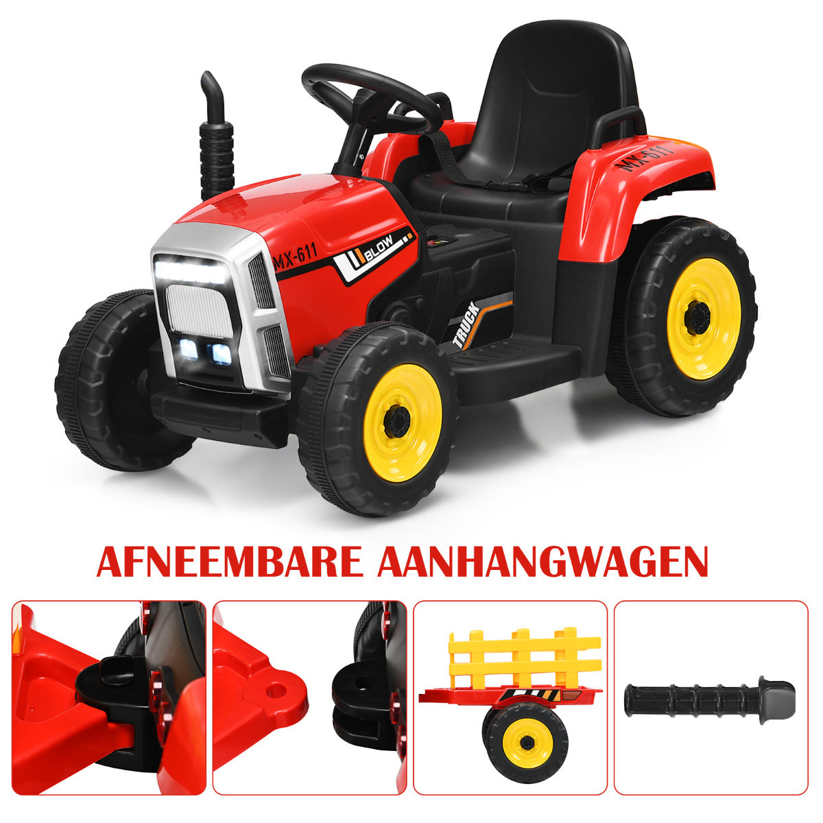 LIVSK Elektrische Trekker met Aanhanger - 3 Versnellingen - Veiligheidsgordel - Bluetooth - Voor Kinderen vanaf 3 jaar - Rood