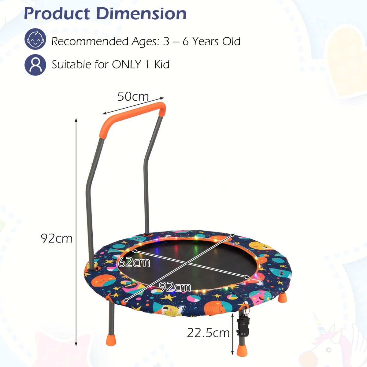 Livsk costway kindertrampoline diameter 92 cm met ledverlichting gevoerde veiligheidsgreep ronde springdoek en beschermhoes 2