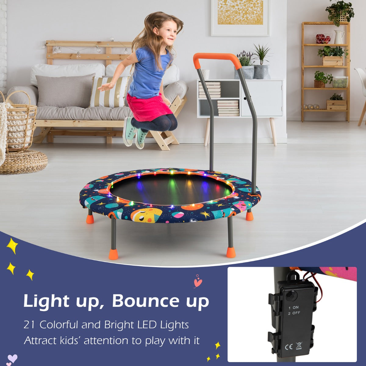 Livsk costway kindertrampoline diameter 92 cm met ledverlichting gevoerde veiligheidsgreep ronde springdoek en beschermhoes 5