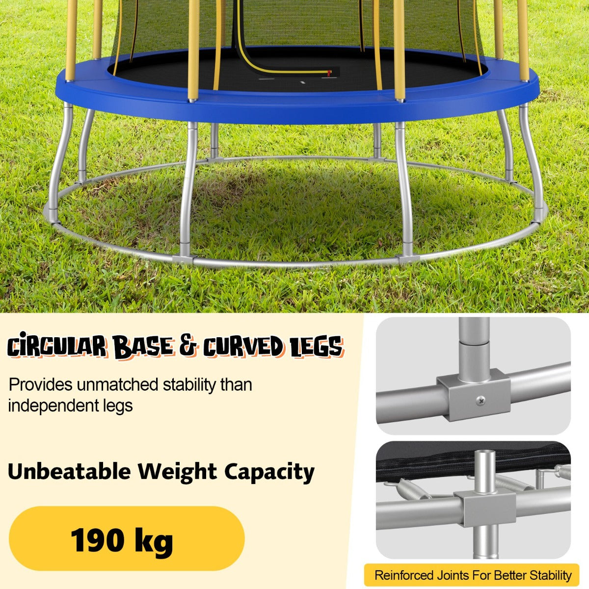 LIVSK Buitentrampoline Ø305 cm - Bloemvormig Design met Veiligheidsnet - Stabiel en Duurzaam - Tot 190 kg - Blauw en Geel