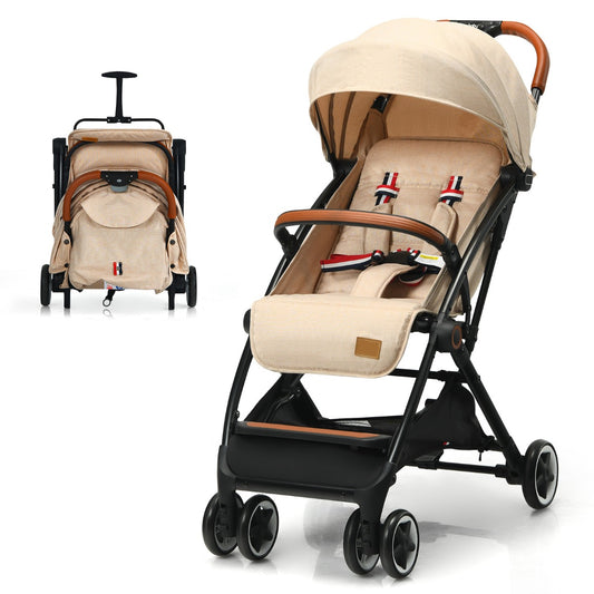 LIVSK Opvouwbare Kinderwagen - Verstelbare Rugleuning - 5-Punts Veiligheidsgordel - Zonnekap - Handige Opbergmand - Beige