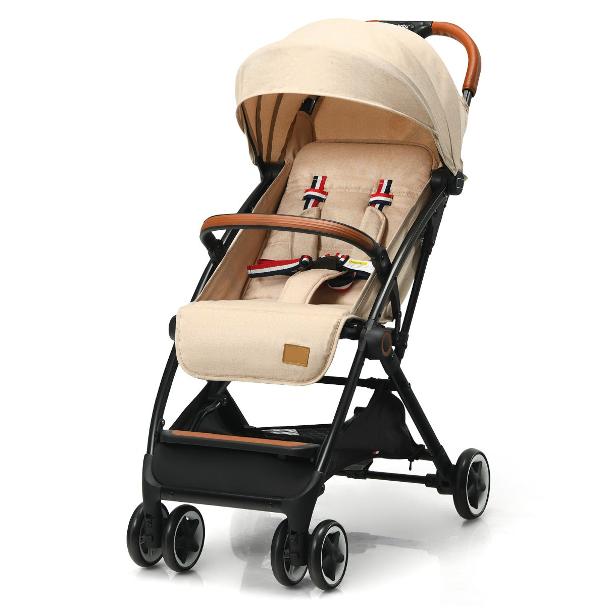 LIVSK Opvouwbare Kinderwagen - Verstelbare Rugleuning - 5-Punts Veiligheidsgordel - Zonnekap - Handige Opbergmand - Beige