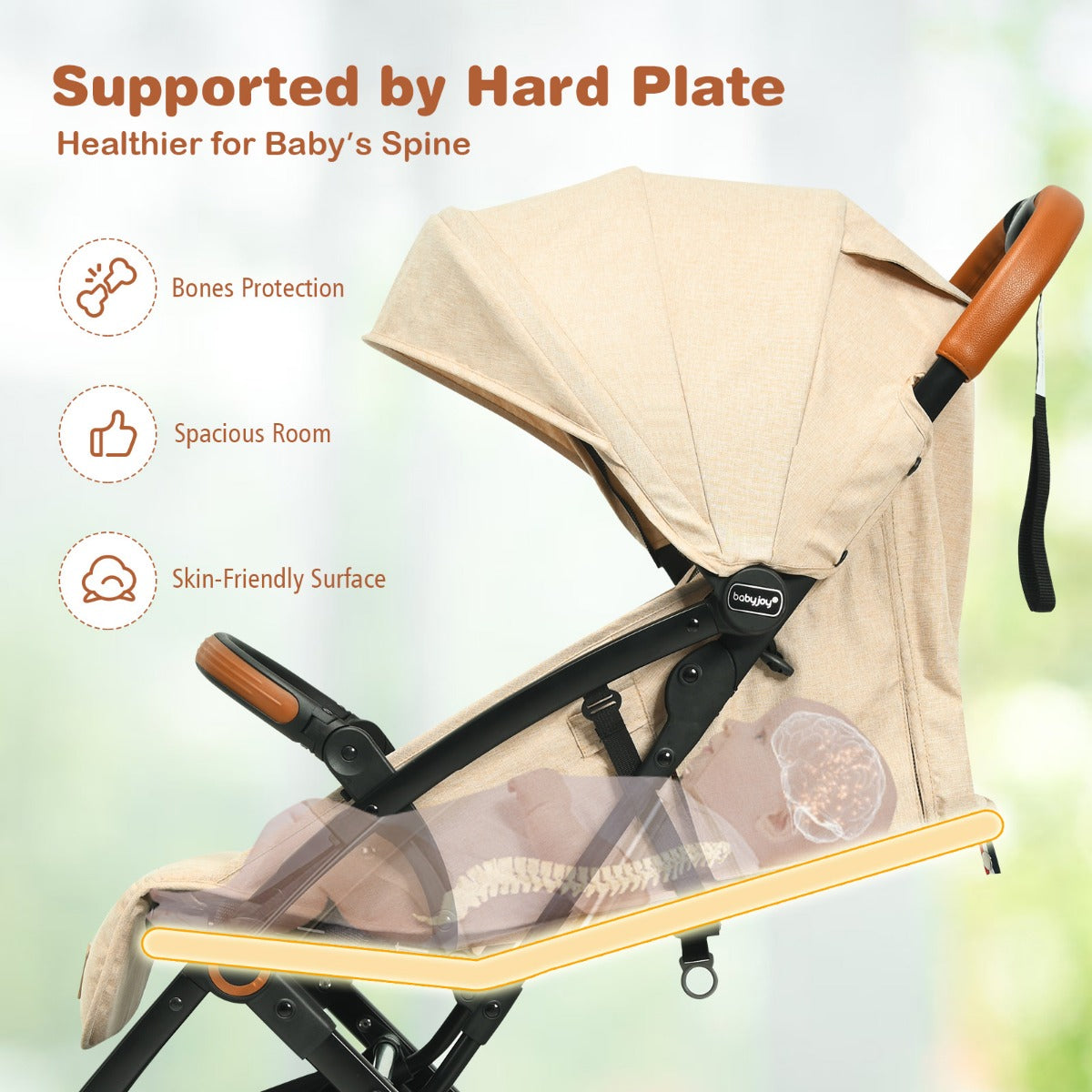 LIVSK Opvouwbare Kinderwagen - Verstelbare Rugleuning - 5-Punts Veiligheidsgordel - Zonnekap - Handige Opbergmand - Beige
