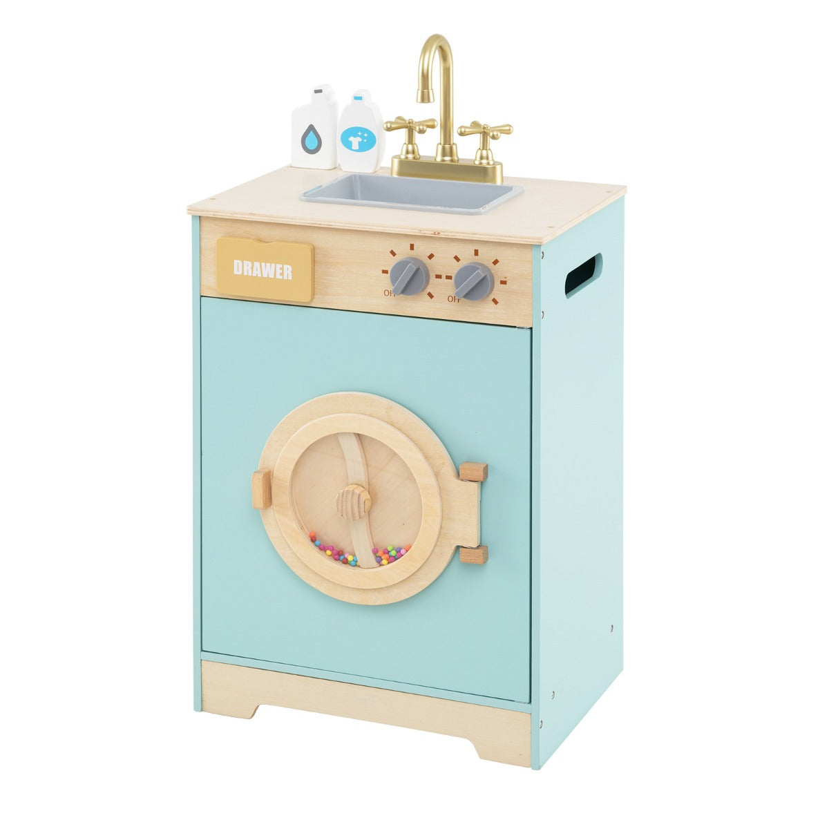 LIVSK Houten Wasgoedset - Realistische Wasmachine met Geluid - Inclusief Wasmiddel en Handdesinfectiemiddel - Voor 3+ jaar - Blauw