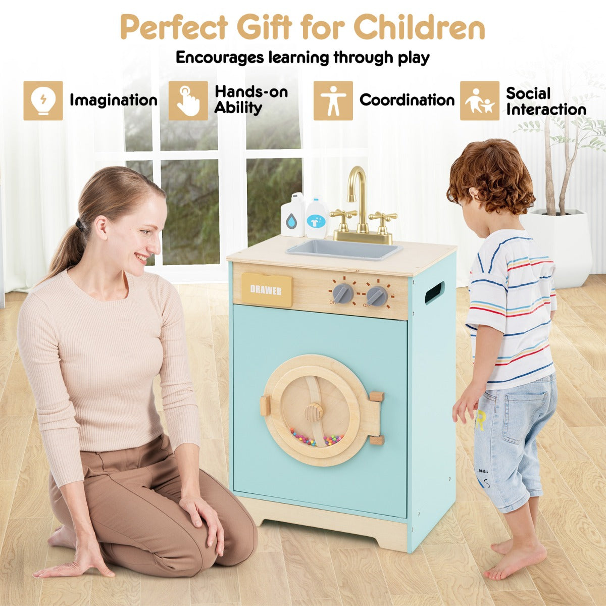 LIVSK Houten Wasgoedset - Realistische Wasmachine met Geluid - Inclusief Wasmiddel en Handdesinfectiemiddel - Voor 3+ jaar - Blauw