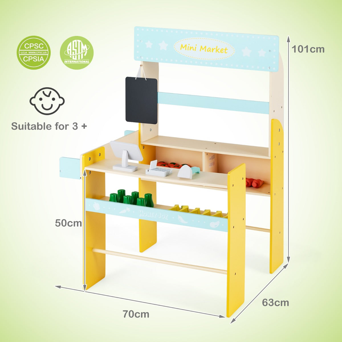 LIVSK Speelgoedwinkelset - Inclusief Kassa, POS-Automaat en Snijdbaar Voedsel - Interactief en Leerzaam - 70 x 63 x 101 cm - Blauw