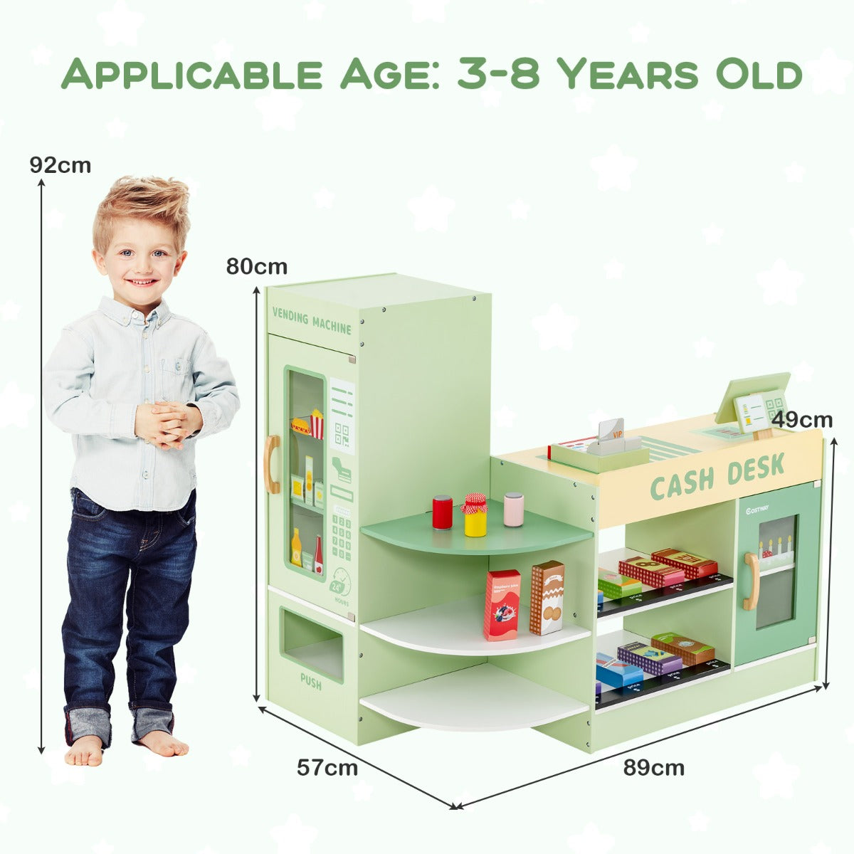 LIVSK Kinderwinkel met Kassa en Verkoopautomaat - Inclusief 13 Accessoires - Duurzaam Hout - Voor 3-8 Jaar - Groen