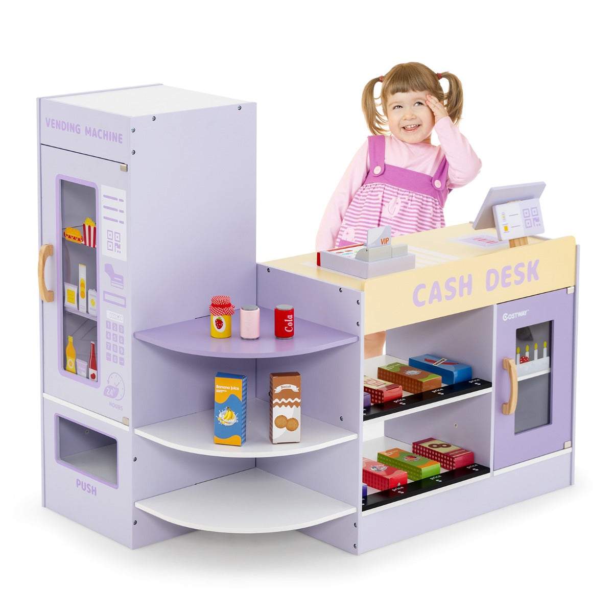 LIVSK Houten Kinderwinkel met Verkoopautomaat - Inclusief 13 Speelgoedlevensmiddelen - Veilig en Duurzaam - 89 x 57 x 80 cm -