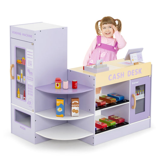 LIVSK Houten Kinderwinkel met Verkoopautomaat - Inclusief 13 Speelgoedlevensmiddelen - Veilig en Duurzaam - 89 x 57 x 80 cm -