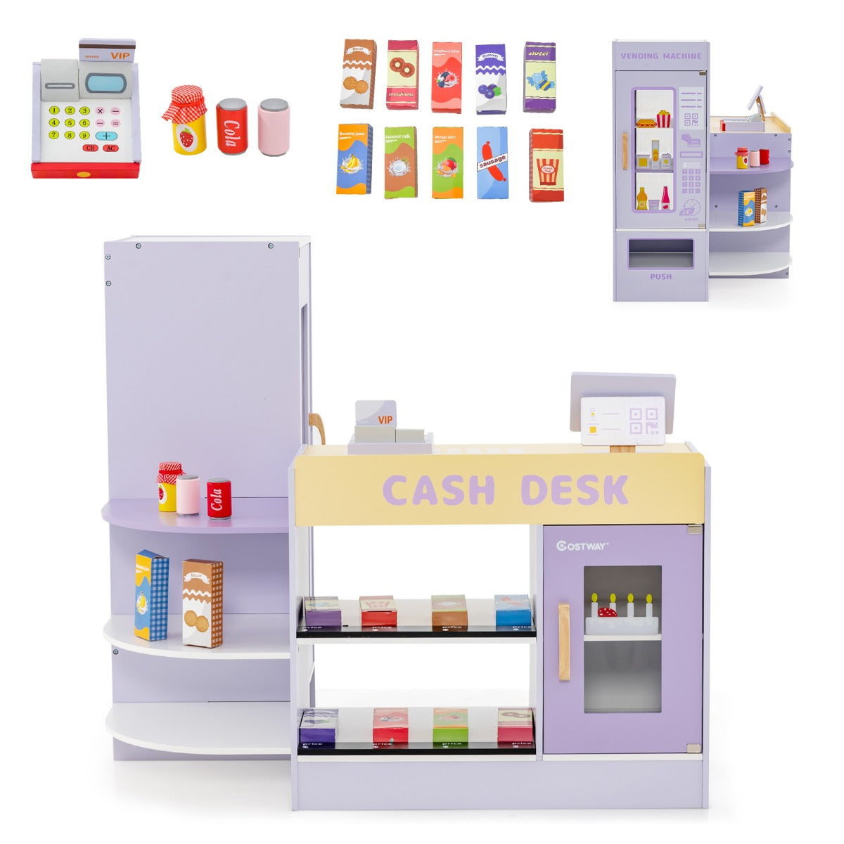 LIVSK Houten Kinderwinkel met Verkoopautomaat - Inclusief 13 Speelgoedlevensmiddelen - Veilig en Duurzaam - 89 x 57 x 80 cm -