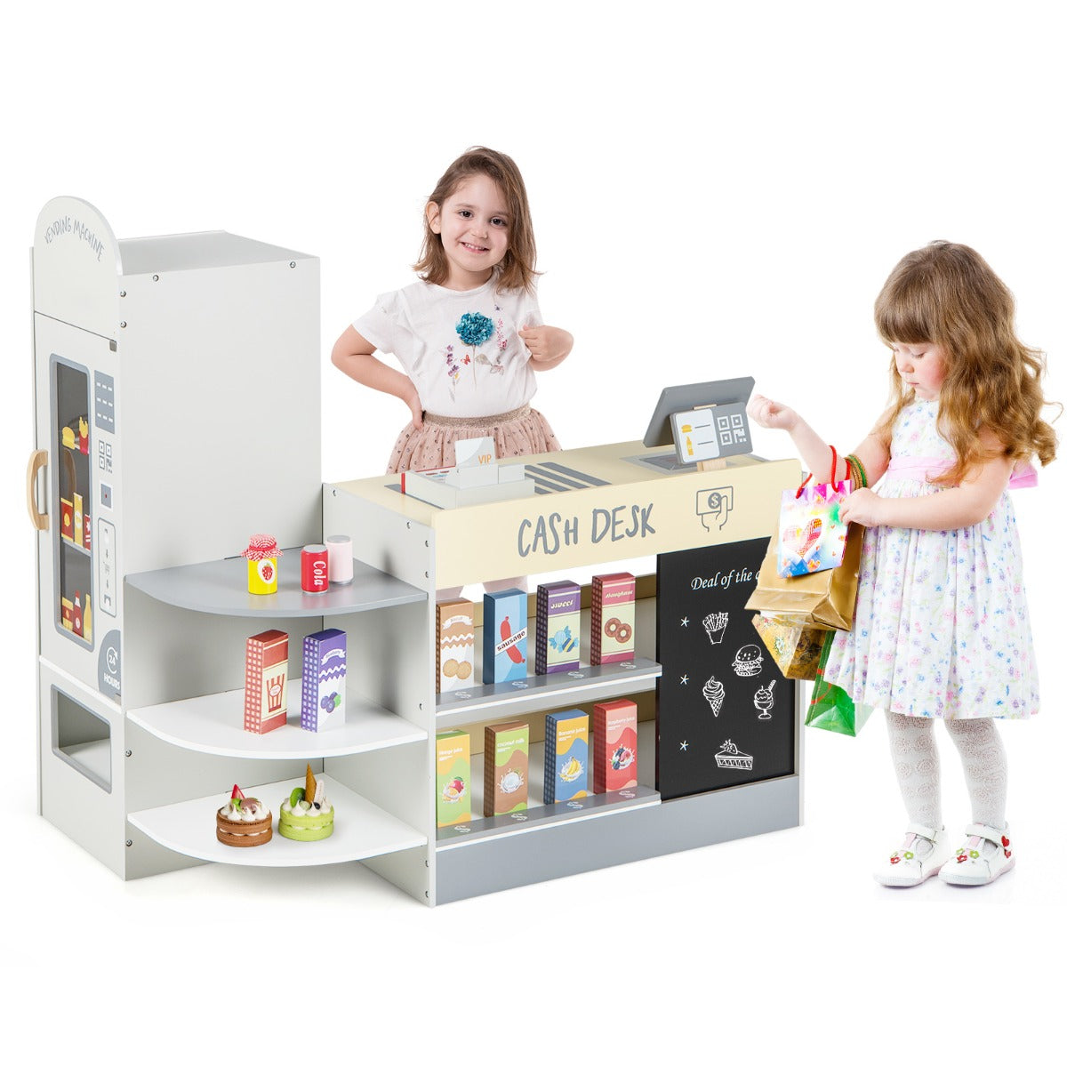 LIVSK Kinderwinkel met Verkoopautomaat - Kassa en Krijtbord - Inclusief 13 Speelgoedlevensmiddelen - Veilig en Duurzaam - Grijs