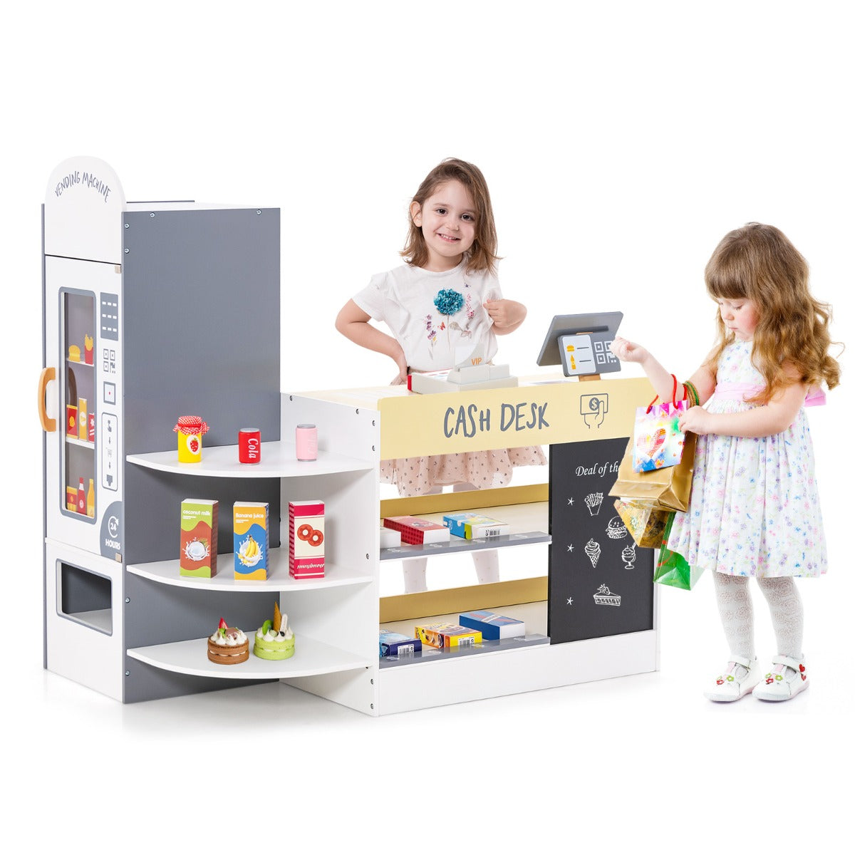 LIVSK Houten Kinderwinkelset met Kassa en Verkoopautomaat - Inclusief Krijtbord en Speelgoedaccessoires - Veilig en Duurzaam - Wit