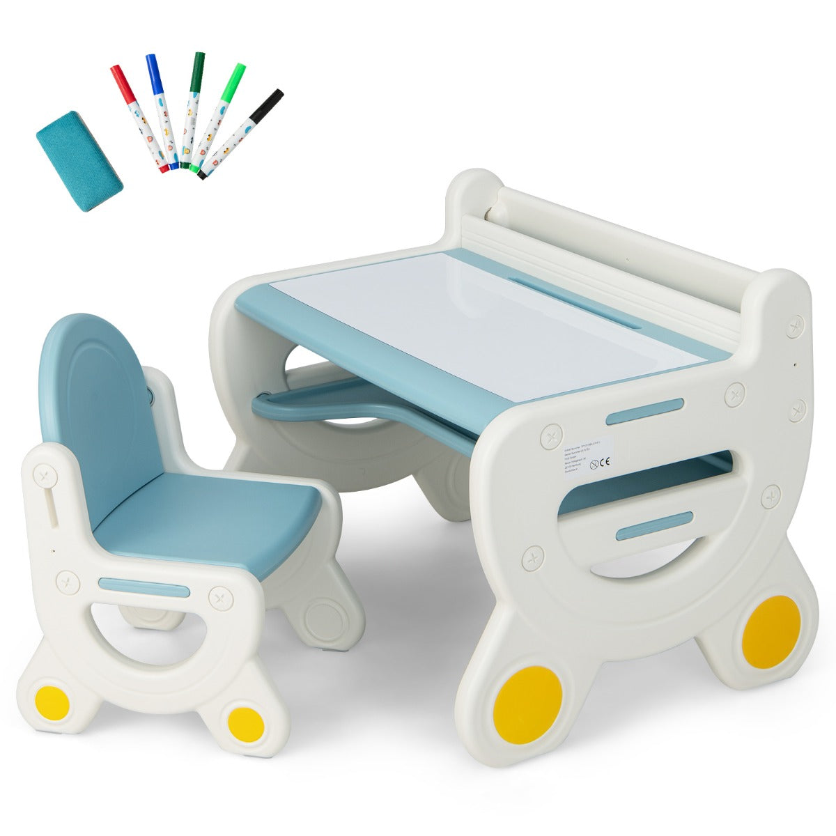LIVSK Kinderzitgroep met Overschilderbaar Tafelblad - Ergonomische Stoel - Draagvermogen 70 kg - Inclusief Aquarelpotloden - Blauw