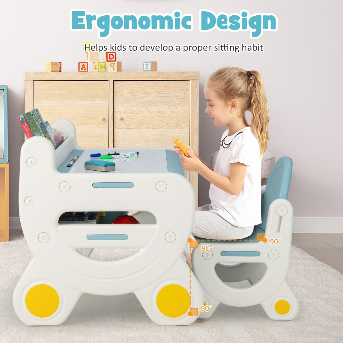 LIVSK Kinderzitgroep met Overschilderbaar Tafelblad - Ergonomische Stoel - Draagvermogen 70 kg - Inclusief Aquarelpotloden - Blauw