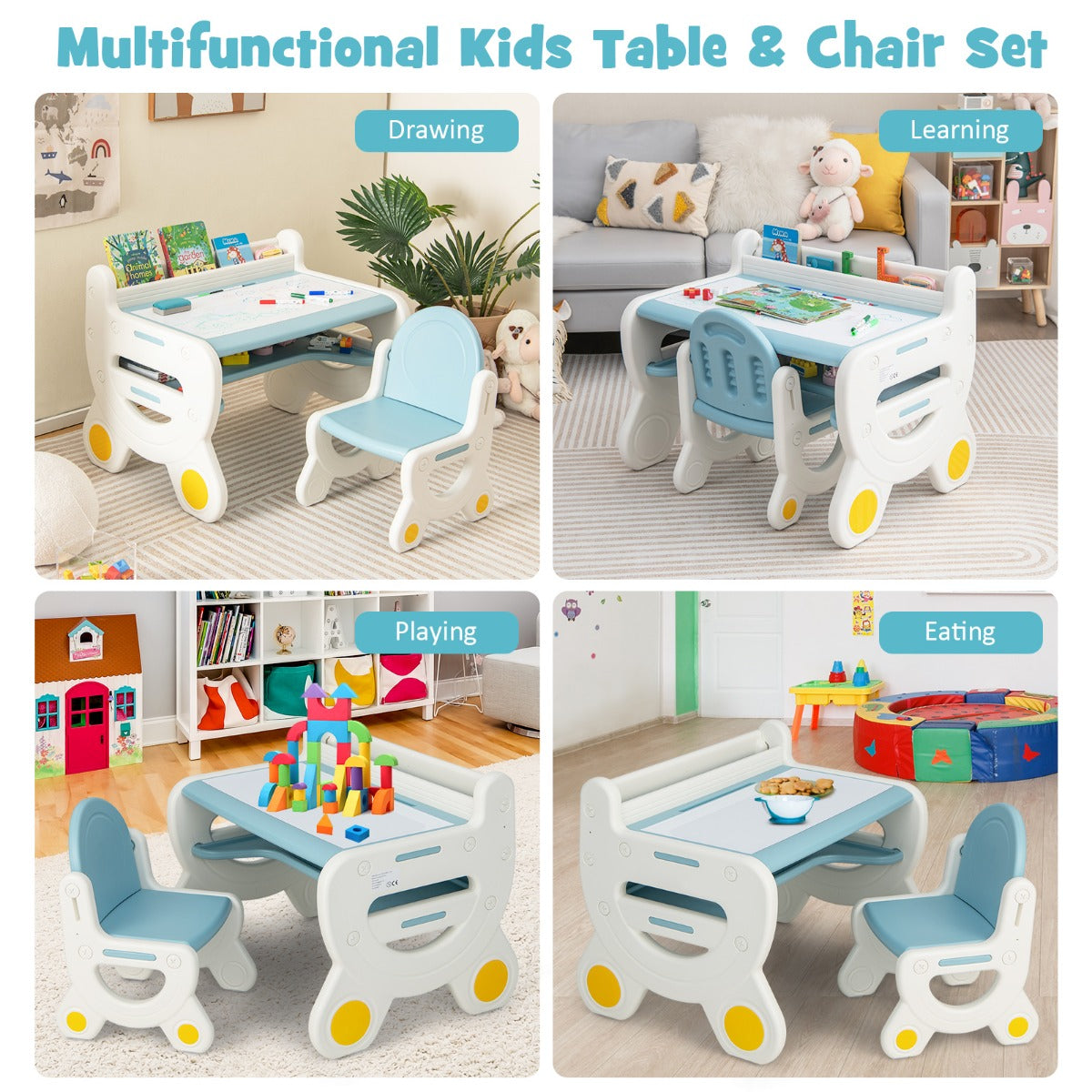 LIVSK Kinderzitgroep met Overschilderbaar Tafelblad - Ergonomische Stoel - Draagvermogen 70 kg - Inclusief Aquarelpotloden - Blauw