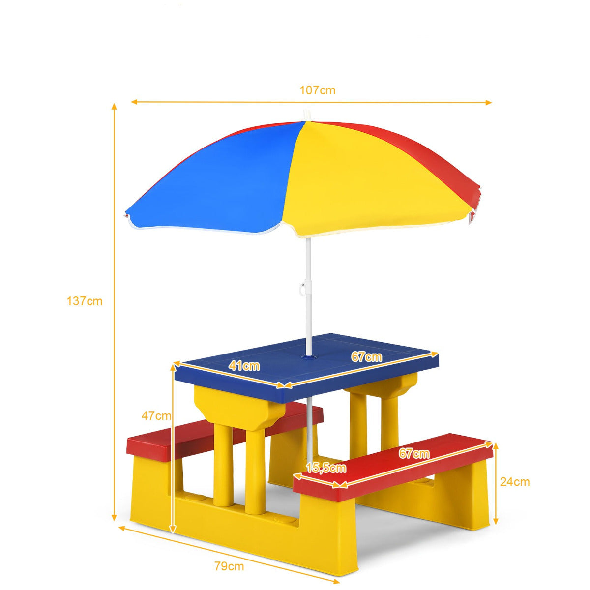 Livsk costway kinderzitgroep voor buiten met parasol picknicktafel met tafelblad en 2 bankjes kindertuinmeubelen voor achtertuin terras geel 1