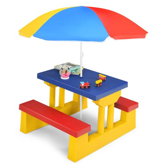 Livsk costway kinderzitgroep voor buiten met parasol picknicktafel met tafelblad en 2 bankjes kindertuinmeubelen voor achtertuin terras geel