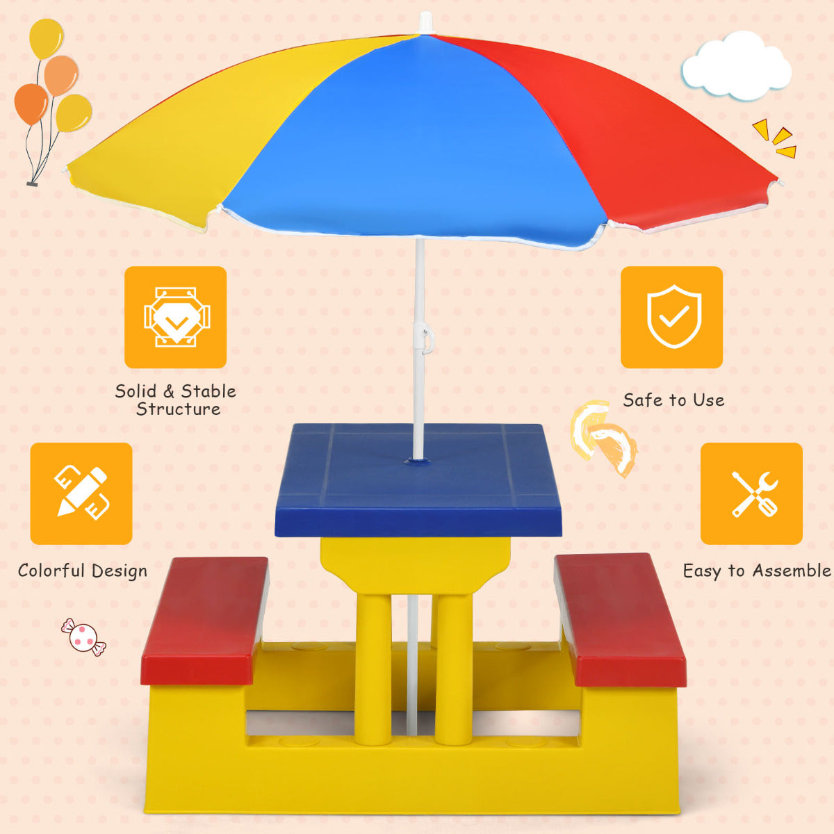 Livsk costway kinderzitgroep voor buiten met parasol picknicktafel met tafelblad en 2 bankjes kindertuinmeubelen voor achtertuin terras geel