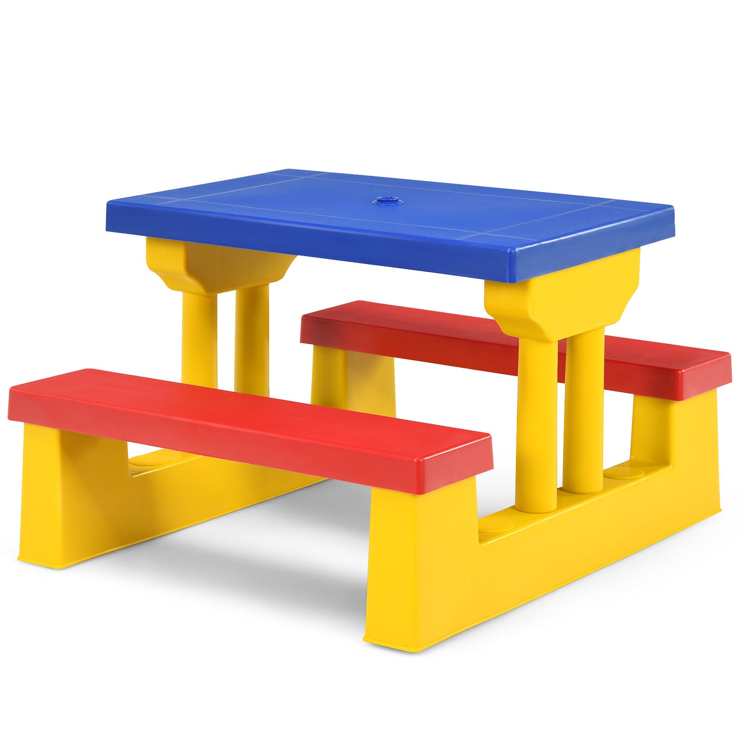 Livsk costway kinderzitgroep voor buiten met parasol picknicktafel met tafelblad en 2 bankjes kindertuinmeubelen voor achtertuin terras geel