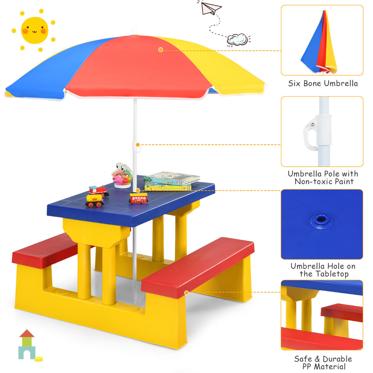 Livsk costway kinderzitgroep voor buiten met parasol picknicktafel met tafelblad en 2 bankjes kindertuinmeubelen voor achtertuin terras geel