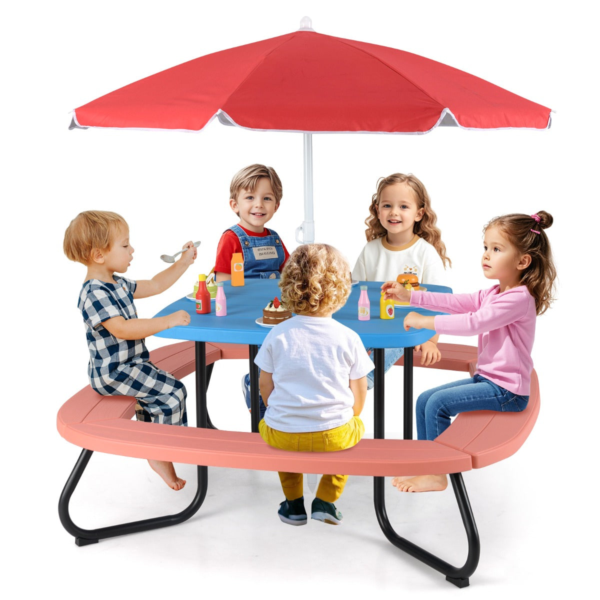 LIVSK Kinderpicknicktafel - Duurzaam HDPE met Stabiel Metalen Frame - Voor Max. 8 Kinderen - Inclusief In hoogte Verstelbare