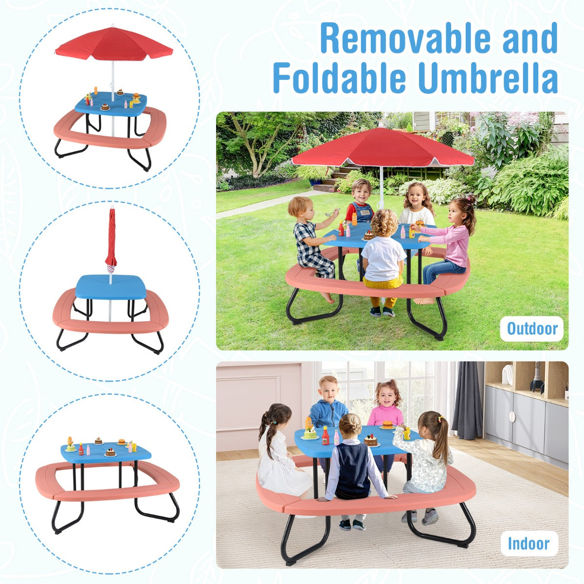LIVSK Kinderpicknicktafel - Duurzaam HDPE met Stabiel Metalen Frame - Voor Max. 8 Kinderen - Inclusief In hoogte Verstelbare