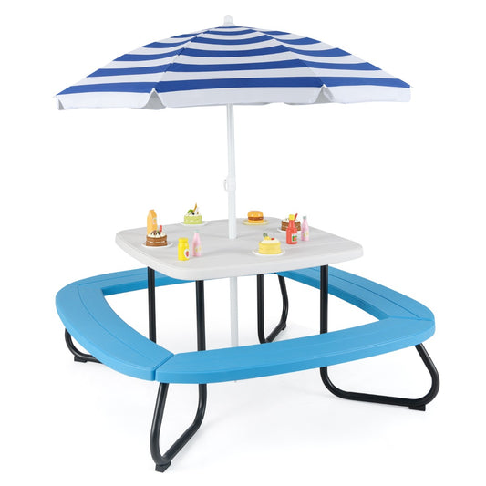 LIVSK Kinderpicknicktafel met Parasol - Voor Max. 8 Kinderen - Duurzaam HDPE - Inklapbaar - Veilig en Stabiel - Wit