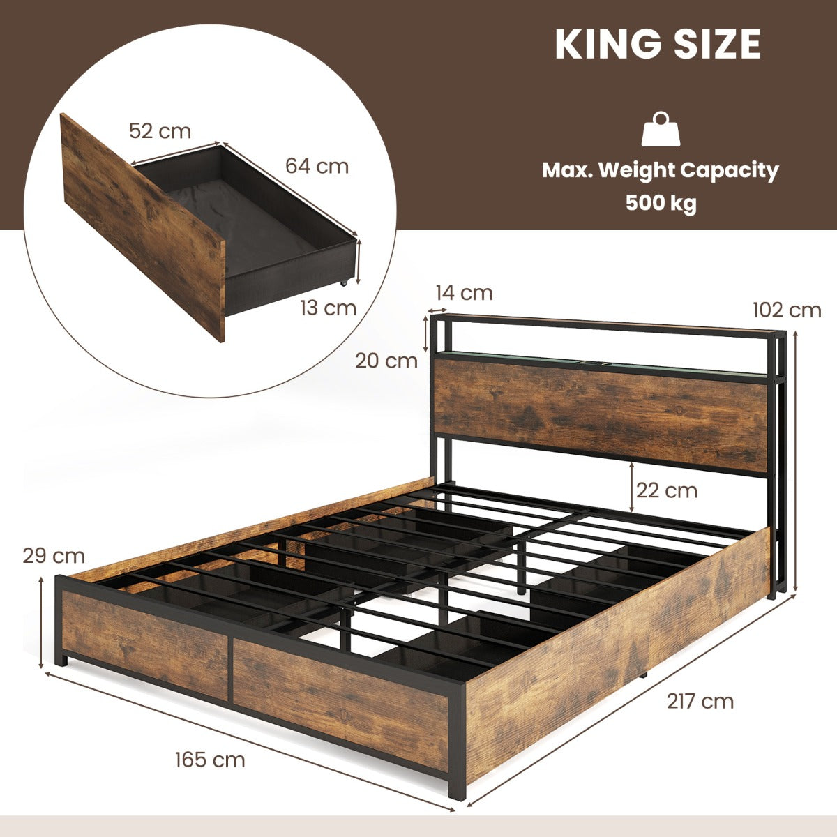 Livsk costway kingsize bedframe met verlichting en een set van 2 moderne nachtkastjes platformbed en industriele salontafels 1 3